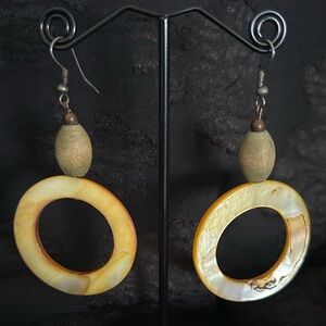 Yellow Stone & Green Tinted Wooden Bead Earring with Fishhook Back